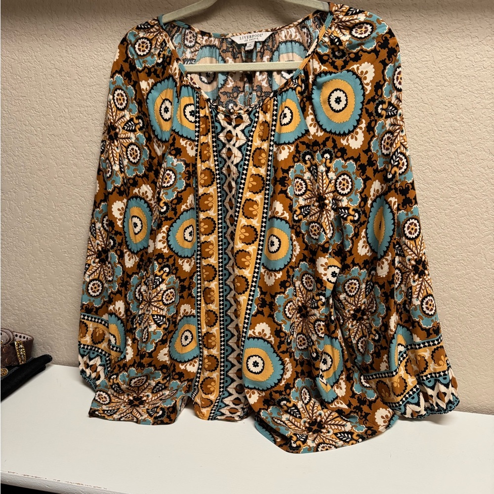 Liverpool Women's Top in Blue, Brown, and Cream NWOT 1X